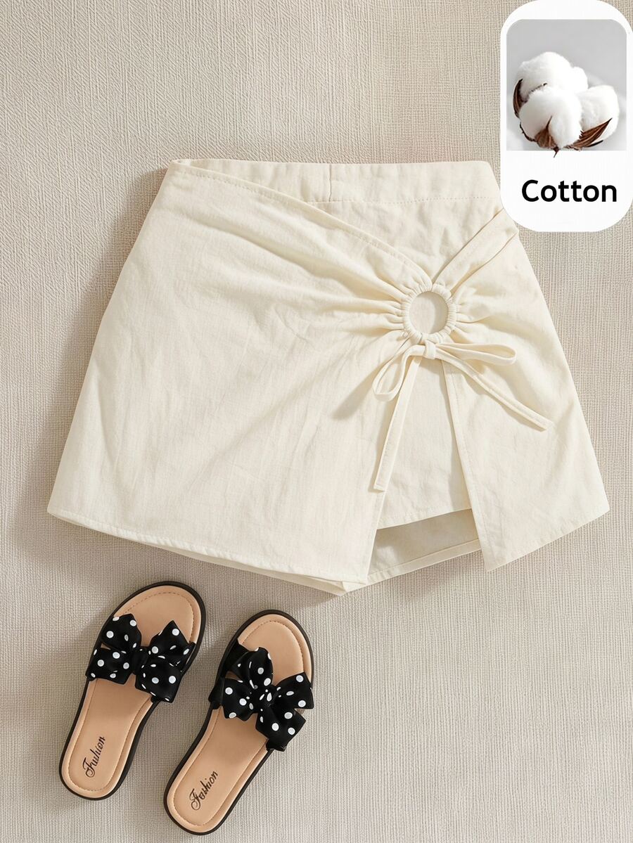 PrepCrw Tween Girls' Woven Solid Color Wrap-Front Casual Skort For Spring And Summer - Apricot - View 1