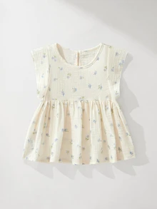 Maija Kids Maija Kids 1件裝女童藍色蝴蝶夏季優雅仙氣編織碎花圓領荷葉袖白色上衣，舒適度假婚禮新娘上衣 - 白色 - 查看 2
