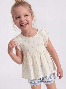 Maija Kids Maija Kids 1件裝女童藍色蝴蝶夏季優雅仙氣編織碎花圓領荷葉袖白色上衣，舒適度假婚禮新娘上衣 - 白色 - 查看 6