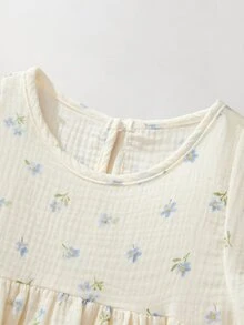 Maija Kids Maija Kids 1件裝女童藍色蝴蝶夏季優雅仙氣編織碎花圓領荷葉袖白色上衣，舒適度假婚禮新娘上衣 - 白色 - 查看 5