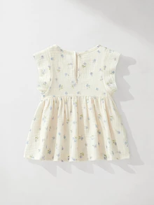 Maija Kids Maija Kids 1件裝女童藍色蝴蝶夏季優雅仙氣編織碎花圓領荷葉袖白色上衣，舒適度假婚禮新娘上衣 - 白色 - 查看 3
