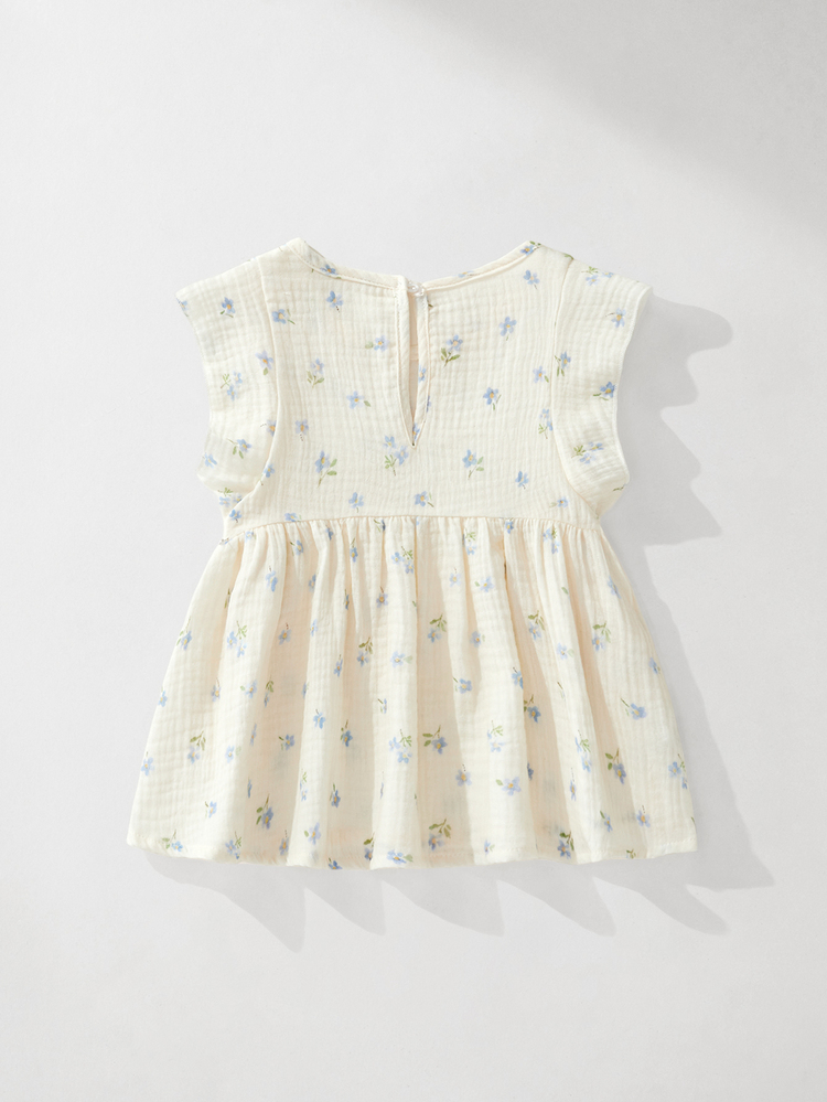 Maija Kids Maija Kids 1pack Girls Blue Butterfly Summer Elegant Fairy Woven Ditsy Floral Round Neck Flutter Sleeve White Blouse Comfortable Top Vacation Wedding Bride - White - View 3