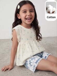 Maija Kids Maija Kids 1件裝女童藍色蝴蝶夏季優雅仙氣編織碎花圓領荷葉袖白色上衣，舒適度假婚禮新娘上衣 - 白色 - 查看 1
