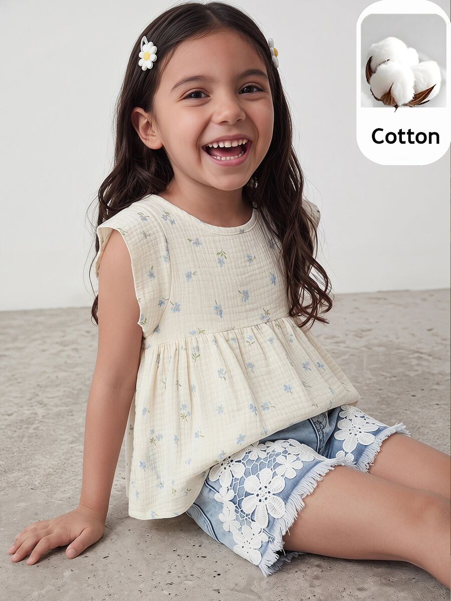 Maija Kids Maija Kids 1件裝女童藍色蝴蝶夏季優雅仙氣編織碎花圓領荷葉袖白色上衣，舒適度假婚禮新娘上衣 - 白色 - 查看 1