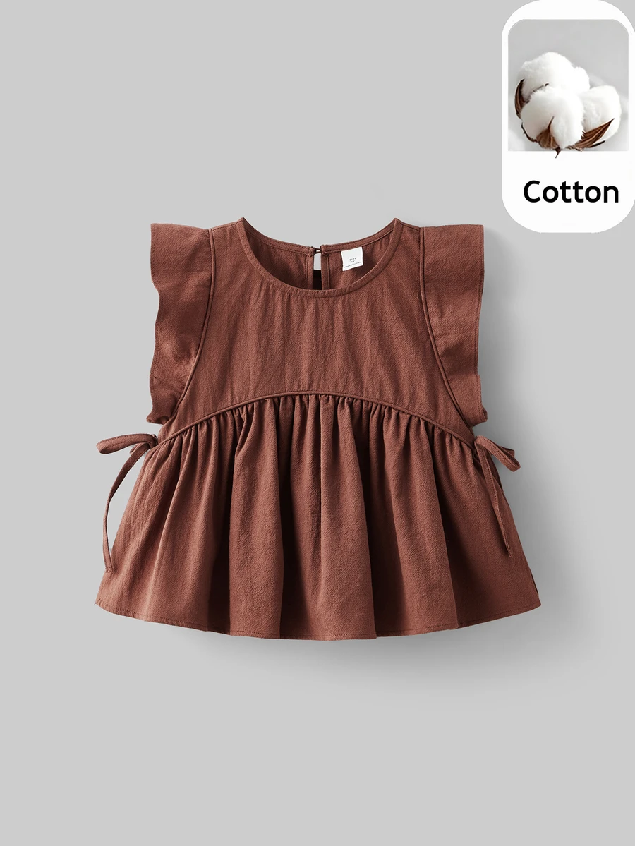 Maija Kids Maija Kids Young Girl Round Neck Ruffle Hem Cute Cap Sleeve Shirt, Young Girls - Rust Brown - View 1