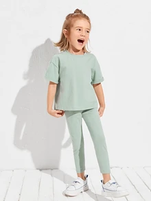 Maija Kids Maija Kids 少女純棉捲起袖子t恤和緊身褲套裝 - 薄荷綠 - 查看 4