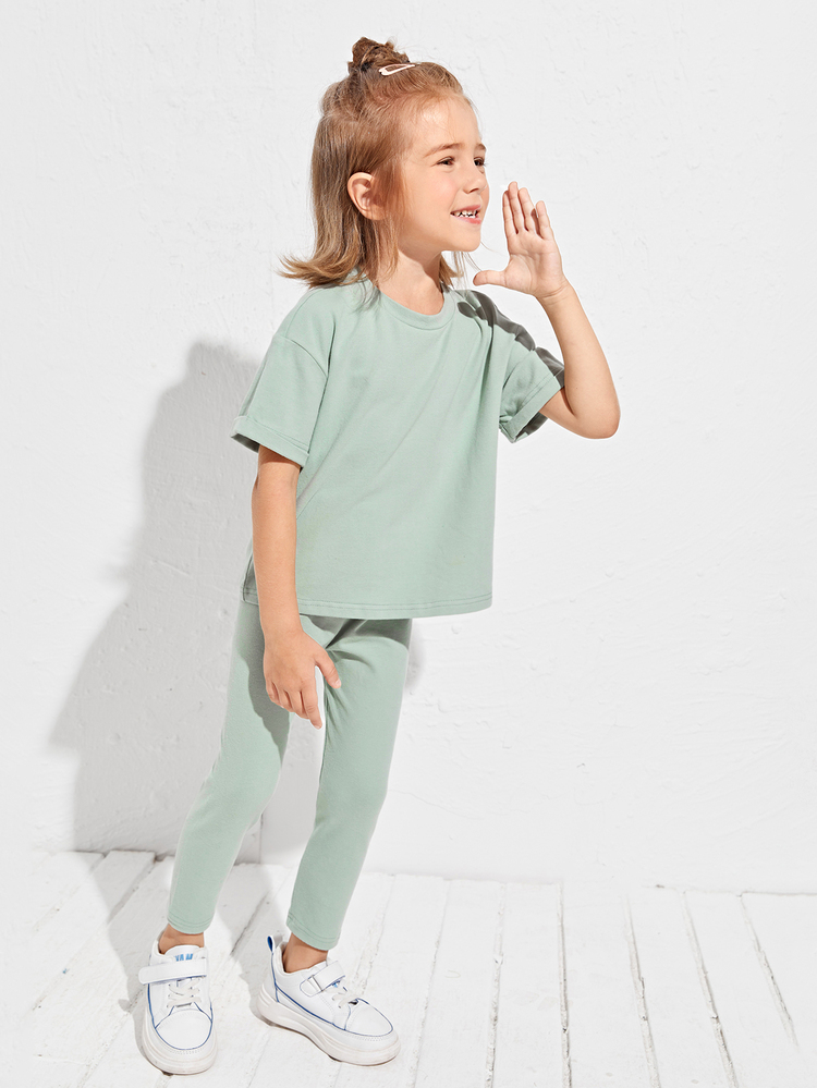 Maija Kids Maija Kids Young Girl Cotton Solid Roll Up Sleeve Tee & Leggings Set - Mint Green - View 3