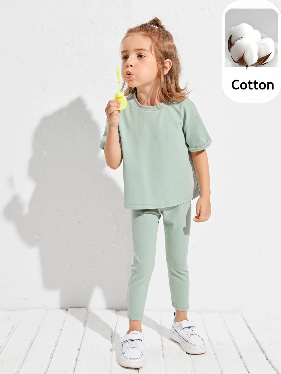 Maija Kids Maija Kids 少女純棉捲起袖子t恤和緊身褲套裝 - 薄荷綠 - 查看 1