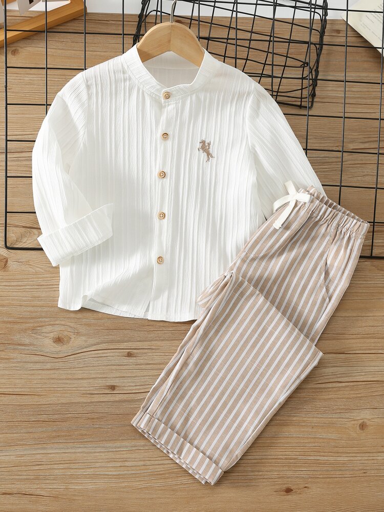 PrepCrw Kids Young Boys Collegiate Style Logo Embroidered Stand Collar Long Sleeve Shirt/Pants Set - Multicolor - View 5