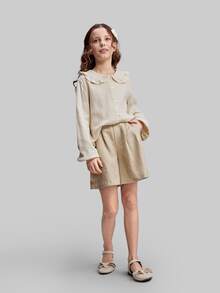 Maija Kids Maija Kids 春夏季青少年女孩寬鬆彼得潘領荷葉邊飾杏色柔軟舒適休閒返校時尚百搭襯衫 - 杏色 - 查看 5