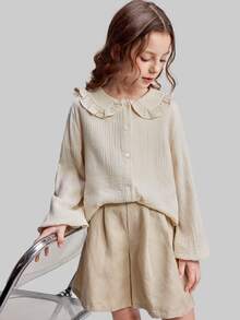 Maija Kids Maija Kids 春夏季青少年女孩寬鬆彼得潘領荷葉邊飾杏色柔軟舒適休閒返校時尚百搭襯衫 - 杏色 - 查看 2
