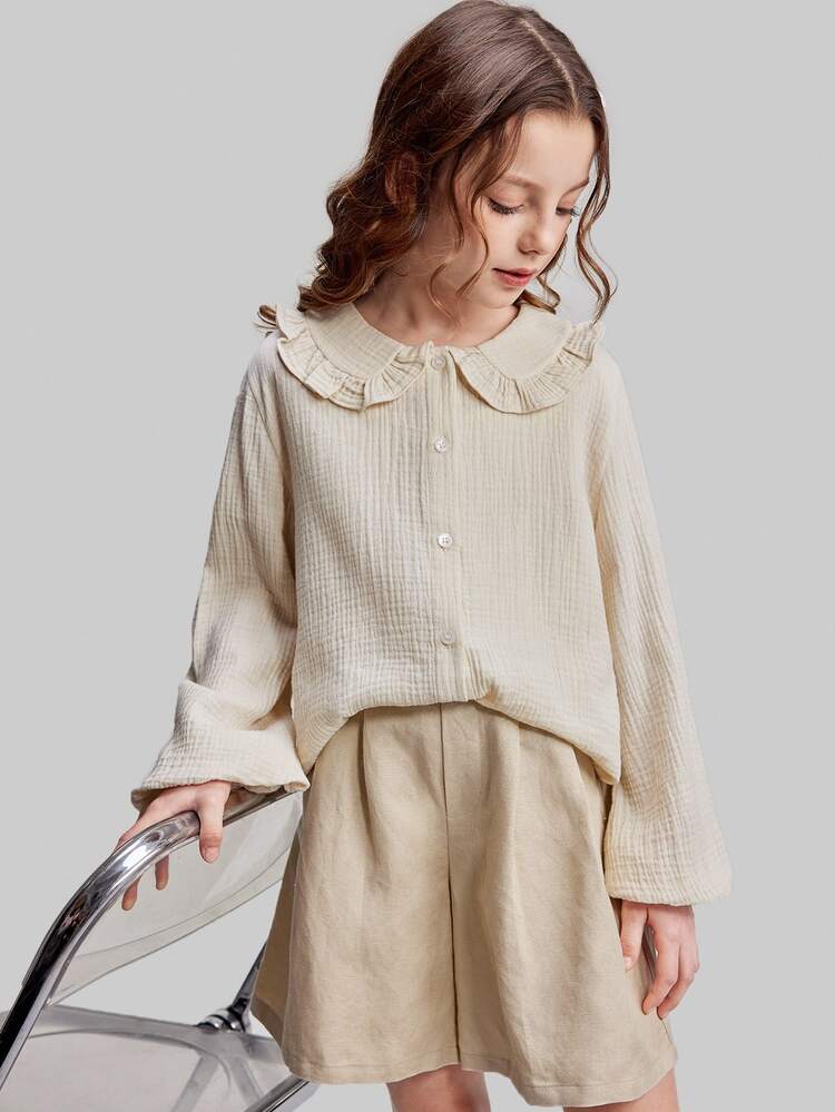 Maija Kids Maija Kids 春夏季青少年女孩寬鬆彼得潘領荷葉邊飾杏色柔軟舒適休閒返校時尚百搭襯衫 - 杏色 - 查看 2