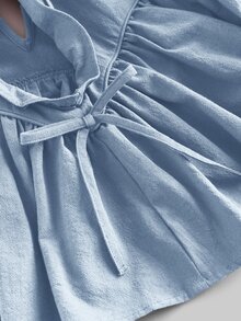Maija Kids Maija Kids Young Girl Round Neck Solid Color Ruffle Trim Casual Blouse - Dusty Blue - View 3