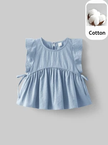 Maija Kids Maija Kids Young Girl Round Neck Solid Color Ruffle Trim Casual Blouse - Dusty Blue - View 1