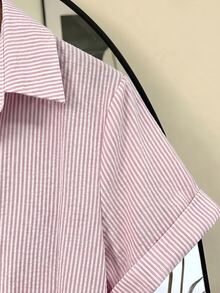 SHEIN Franclia 女款條紋泡泡皺褶布料短袖襯衫，適合度假、通勤與社交場合 - 粉色 - 查看 5