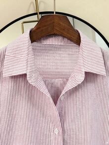 SHEIN Franclia 女款條紋泡泡皺褶布料短袖襯衫，適合度假、通勤與社交場合 - 粉色 - 查看 4