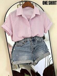 SHEIN Franclia 女款條紋泡泡皺褶布料短袖襯衫，適合度假、通勤與社交場合 - 粉色 - 查看 1