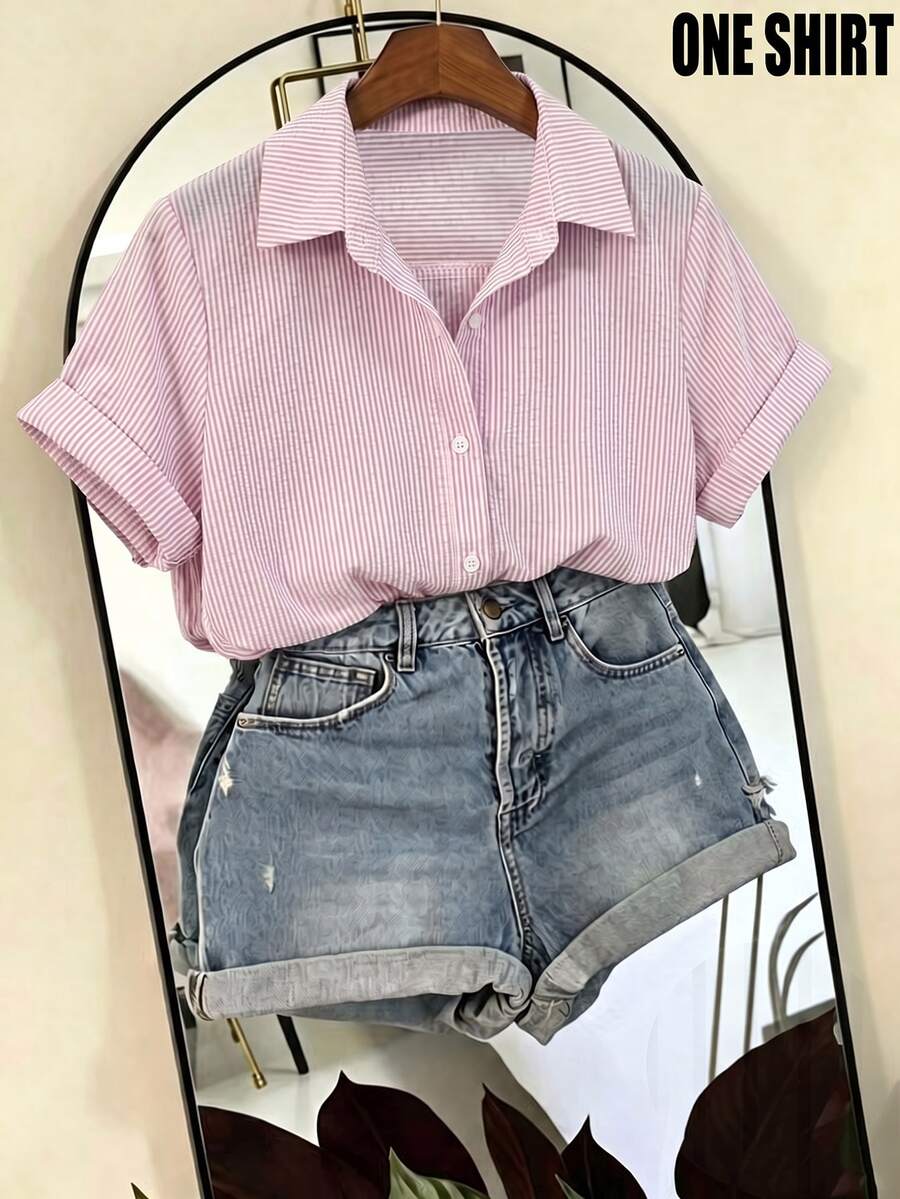 SHEIN Franclia 女款條紋泡泡皺褶布料短袖襯衫，適合度假、通勤與社交場合 - 粉色 - 查看 1