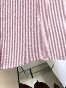 SHEIN Franclia 女款條紋泡泡皺褶布料短袖襯衫，適合度假、通勤與社交場合 - 粉色 - 查看 3