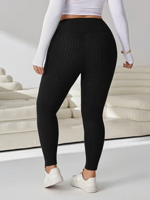 Solflare Plus Size Autumn/Winter Casual Versatile Solid Color Leggings - Black - View 4