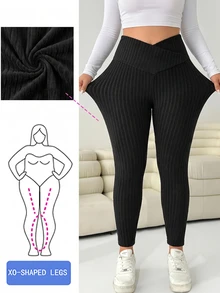 Solflare Plus Size Autumn/Winter Casual Versatile Solid Color Leggings - Black - View 2