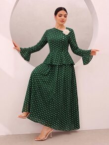Graceveil Green Polka Dot Print Ruffle Hem Bell Sleeve Cinched Waist Top Full Skirt Set Elegant Modest Fall Brunch Tea Party Date Garden - Dark Green - View 3