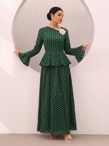 Graceveil Green Polka Dot Print Ruffle Hem Bell Sleeve Cinched Waist Top Full Skirt Set Elegant Modest Fall Brunch Tea Party Date Garden - Dark Green - View 5
