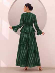 Graceveil Green Polka Dot Print Ruffle Hem Bell Sleeve Cinched Waist Top Full Skirt Set Elegant Modest Fall Brunch Tea Party Date Garden - Dark Green - View 2
