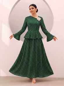Graceveil Green Polka Dot Print Ruffle Hem Bell Sleeve Cinched Waist Top Full Skirt Set Elegant Modest Fall Brunch Tea Party Date Garden - Dark Green - View 4