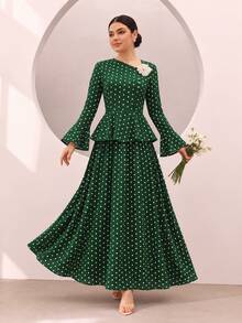 Graceveil Green Polka Dot Print Ruffle Hem Bell Sleeve Cinched Waist Top Full Skirt Set Elegant Modest Fall Brunch Tea Party Date Garden - Dark Green - View 1
