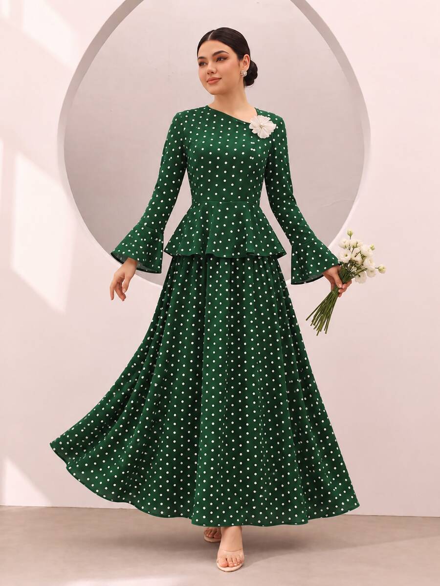 Graceveil Green Polka Dot Print Ruffle Hem Bell Sleeve Cinched Waist Top Full Skirt Set Elegant Modest Fall Brunch Tea Party Date Garden - Dark Green - View 1