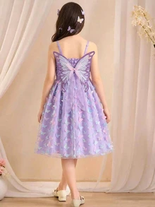 Tween Girls 1pc Girls' Spaghetti Strap Purple Butterfly Embroidery Mesh Mini Dress, Bow Decor, Graduation, Elegant, Outfit - Purple - View 2