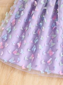Tween Girls 1pc Girls' Spaghetti Strap Purple Butterfly Embroidery Mesh Mini Dress, Bow Decor, Graduation, Elegant, Outfit - Purple - View 7