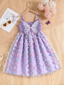 Tween Girls 1pc Girls' Spaghetti Strap Purple Butterfly Embroidery Mesh Mini Dress, Bow Decor, Graduation, Elegant, Outfit - Purple - View 3
