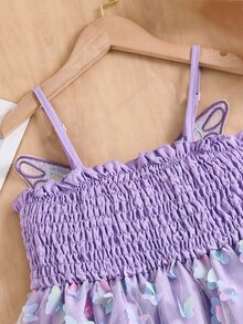 Tween Girls 1pc Girls' Spaghetti Strap Purple Butterfly Embroidery Mesh Mini Dress, Bow Decor, Graduation, Elegant, Outfit - Purple - View 5