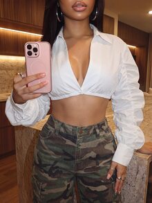 Slaydiva ملابس علوية أبيض بياقة قصيرة، أكمام طويلة مجعدة بتصميم مجوف من الأمام، قصة ضيقة، ستايل Y2K شارع، توب قصير - A - أبيض - مشاهدة 5