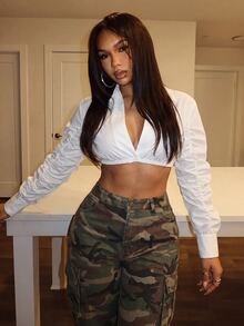 Slaydiva ملابس علوية أبيض بياقة قصيرة، أكمام طويلة مجعدة بتصميم مجوف من الأمام، قصة ضيقة، ستايل Y2K شارع، توب قصير - A - أبيض - مشاهدة 8