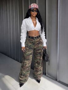 Slaydiva ملابس علوية أبيض بياقة قصيرة، أكمام طويلة مجعدة بتصميم مجوف من الأمام، قصة ضيقة، ستايل Y2K شارع، توب قصير - A - أبيض - مشاهدة 4