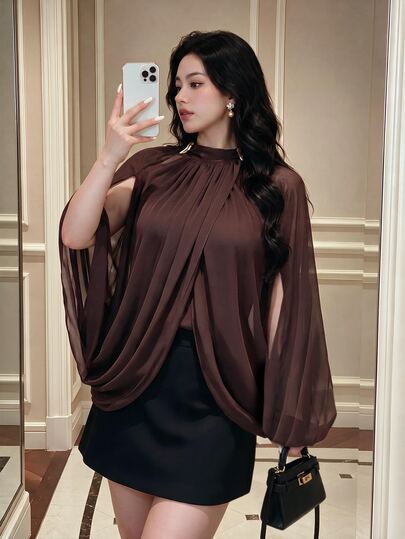 Vibekara Plus Size Women's Brown Chiffon Blouse, Small Stand Collar, Round Neck, Long Sleeve, Tie Bow, Metal Decorative Buckle, Pleated, Hollow Out, Elegant, Vintage, Cute, Sexy, Flowy, Draped, Vacation, Party, French Minimalist, All Season