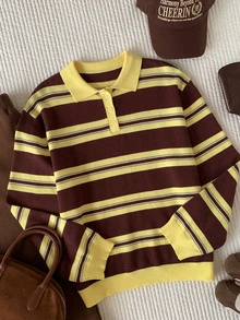 Comfortcana 女款條紋 Polo 領長袖休閒針織衫 秋季女裝 冬季女裝 工作穿搭 可愛國慶 Y2K 風格 - 彩色 - 查看 3