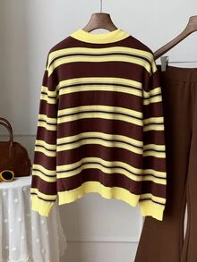 Comfortcana 女款條紋 Polo 領長袖休閒針織衫 秋季女裝 冬季女裝 工作穿搭 可愛國慶 Y2K 風格 - 彩色 - 查看 2