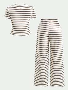 SHEIN Conjunto de camiseta de cuello redondo con bloques de color a rayas y pantalones sueltos con cintura de cordón para niña preadolescente - Blanco y Negro - Ver 4
