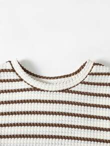 SHEIN Conjunto de camiseta de cuello redondo con bloques de color a rayas y pantalones sueltos con cintura de cordón para niña preadolescente - Blanco y Negro - Ver 6