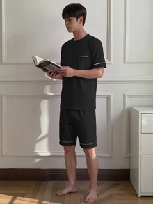 Napfluff 男士針織圓領短袖百慕達短褲對比滾邊睡衣套裝 - 黑色 - 查看 5