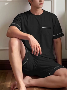 Napfluff 男士針織圓領短袖百慕達短褲對比滾邊睡衣套裝 - 黑色 - 查看 7