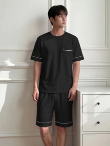 Napfluff 男士針織圓領短袖百慕達短褲對比滾邊睡衣套裝 - 黑色 - 查看 9