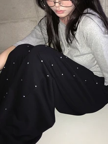DAZY Celana Panjang Longgar Gaya Korea Berhiaskan Rhinestone untuk Wanita (Musim Gugur) - Hitam - View 1