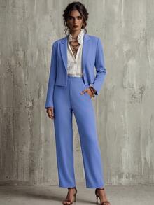 Calvaya Ladies" Short Blue Suit Jacket And Front Pleated Pocketed Suit Pants Combo Fall Cloth For Women - Blue - View 1