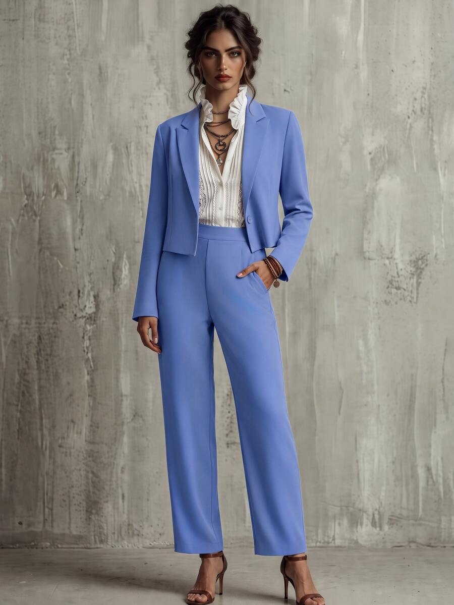 Calvaya Ladies" Short Blue Suit Jacket And Front Pleated Pocketed Suit Pants Combo Fall Cloth For Women - Blue - View 1