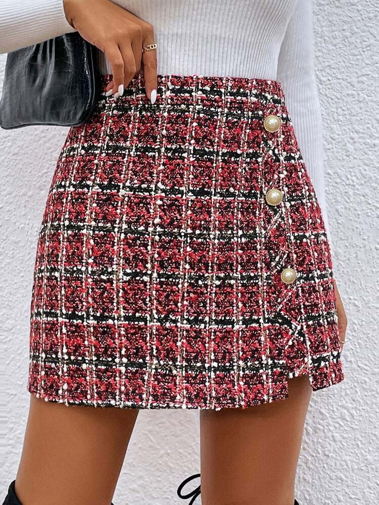 Calvaya Women's Plaid Metal Button Decorated Elegant Skirt - Red - View 4